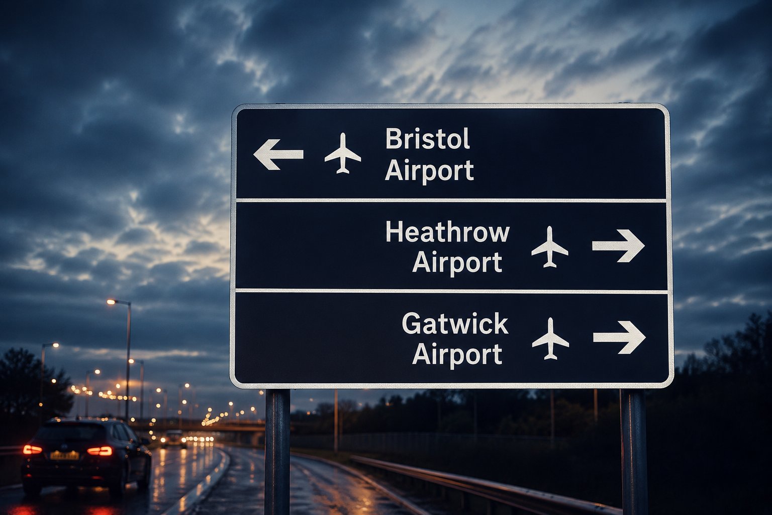 Road signs to Bristol, Heathrow and Gatwick airports